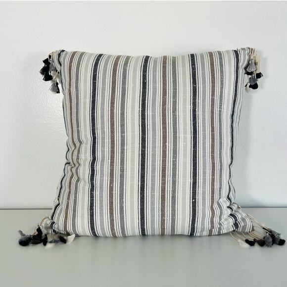 Anthropologie Hadley Throw Pillow Neutral & Blue Stripes with Tassels 18X18in - Picture 2 of 5